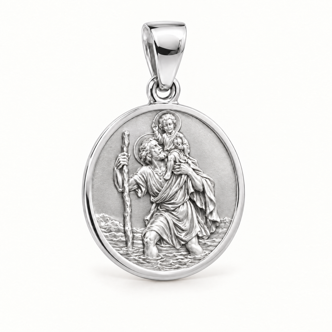 Saint Christopher sterling-silver medal — AI-generated design rendering