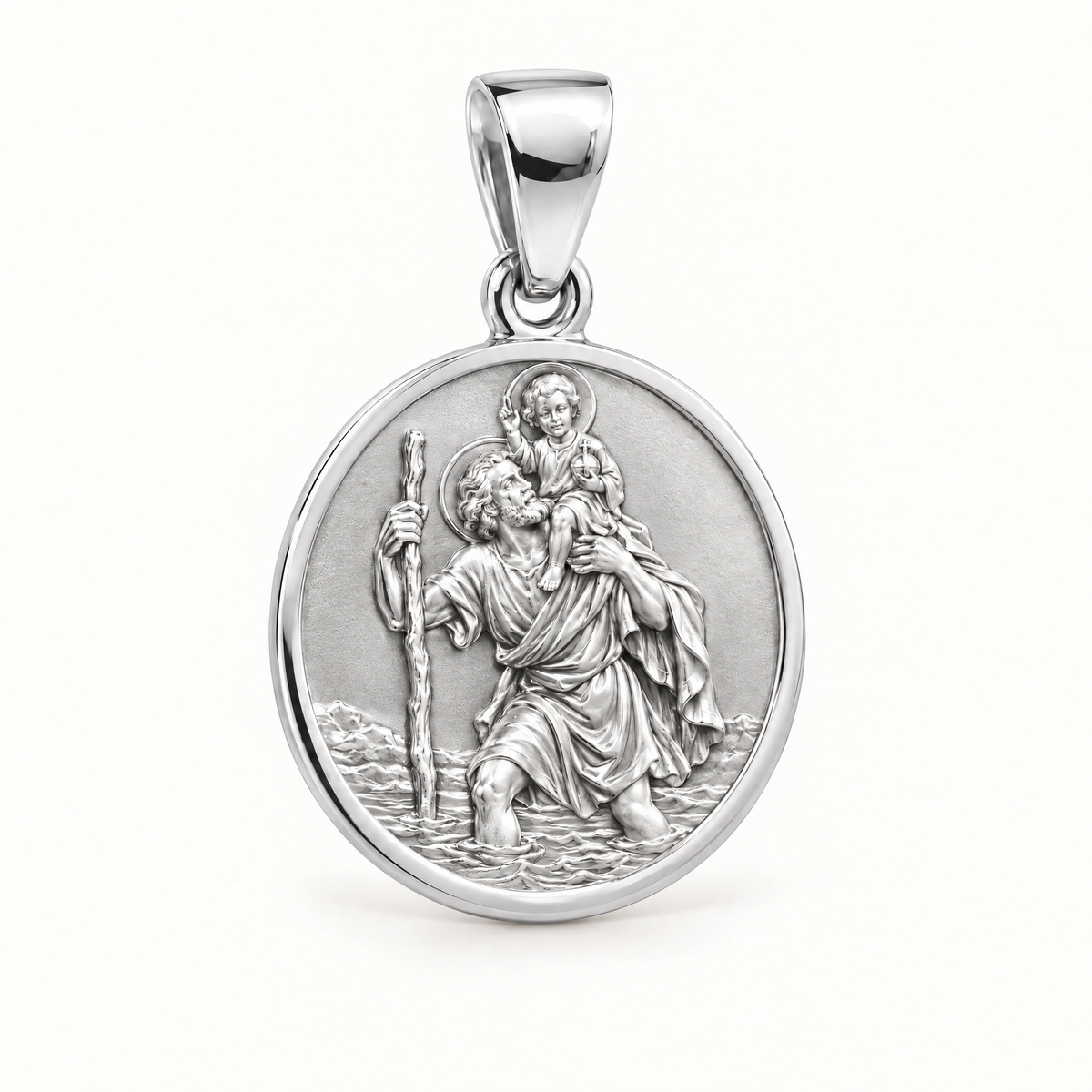 Saint Christopher sterling-silver medal — AI-generated design rendering