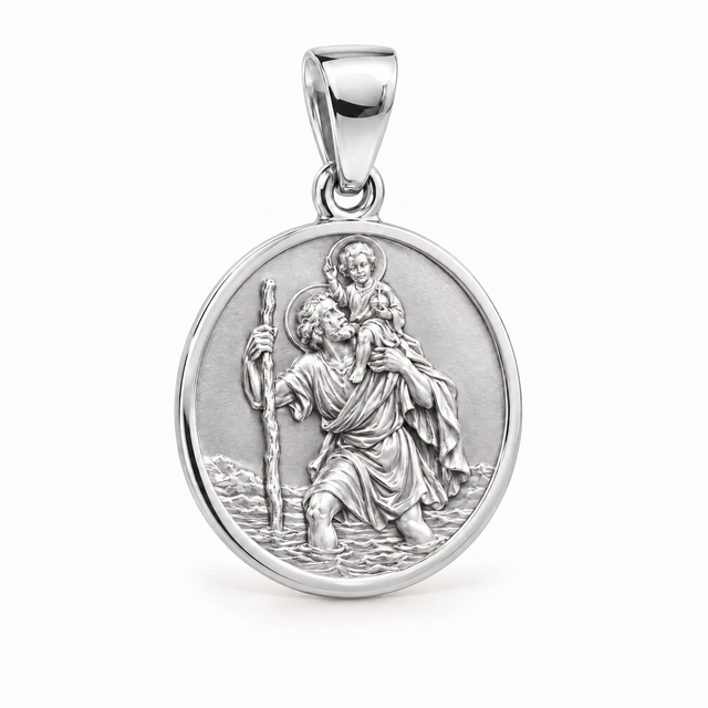 Saint Christopher sterling-silver medal — AI-generated design rendering