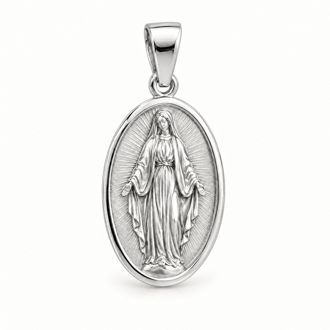 Virgin Mary sterling-silver medal — AI-generated design rendering