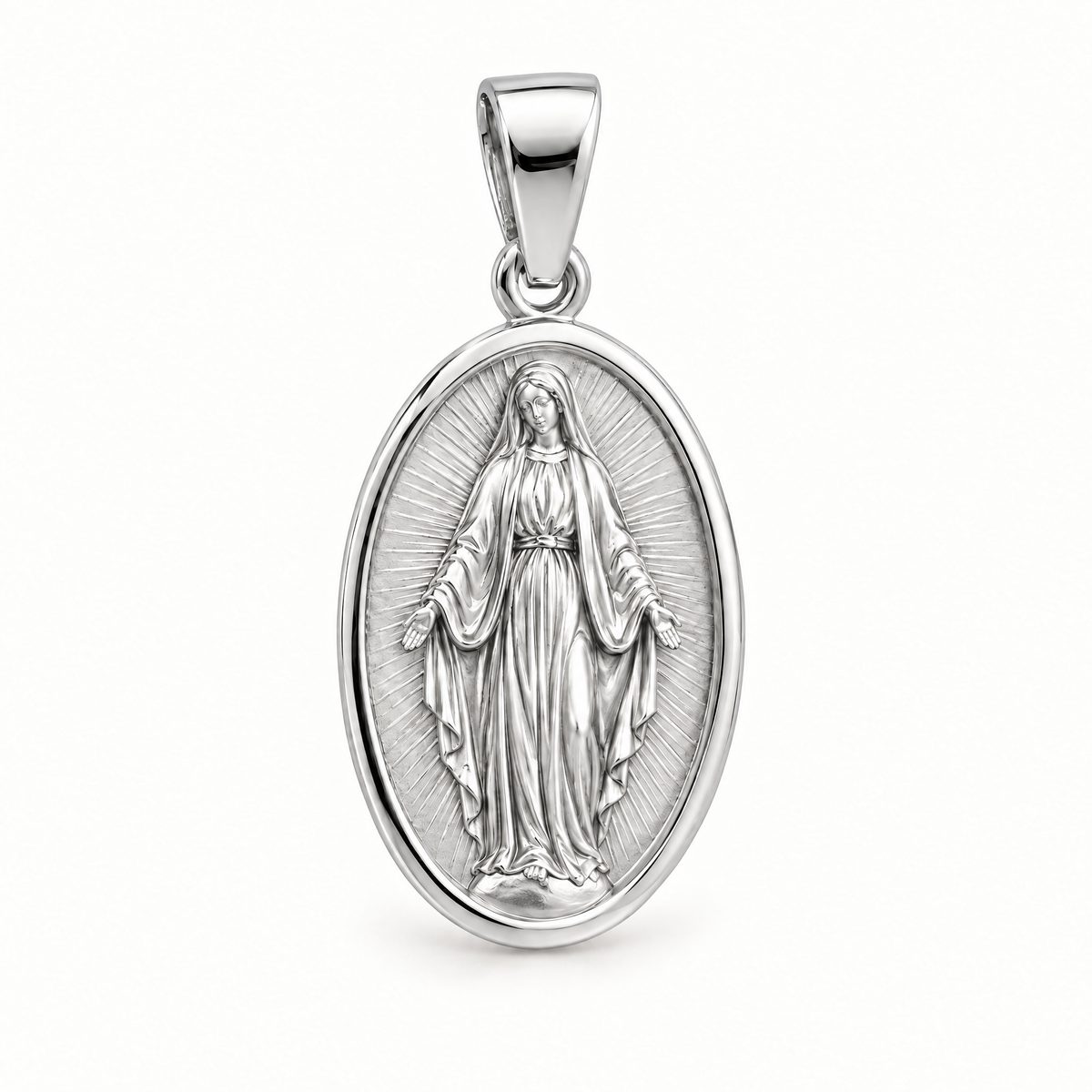 Virgin Mary sterling-silver medal — AI-generated design rendering