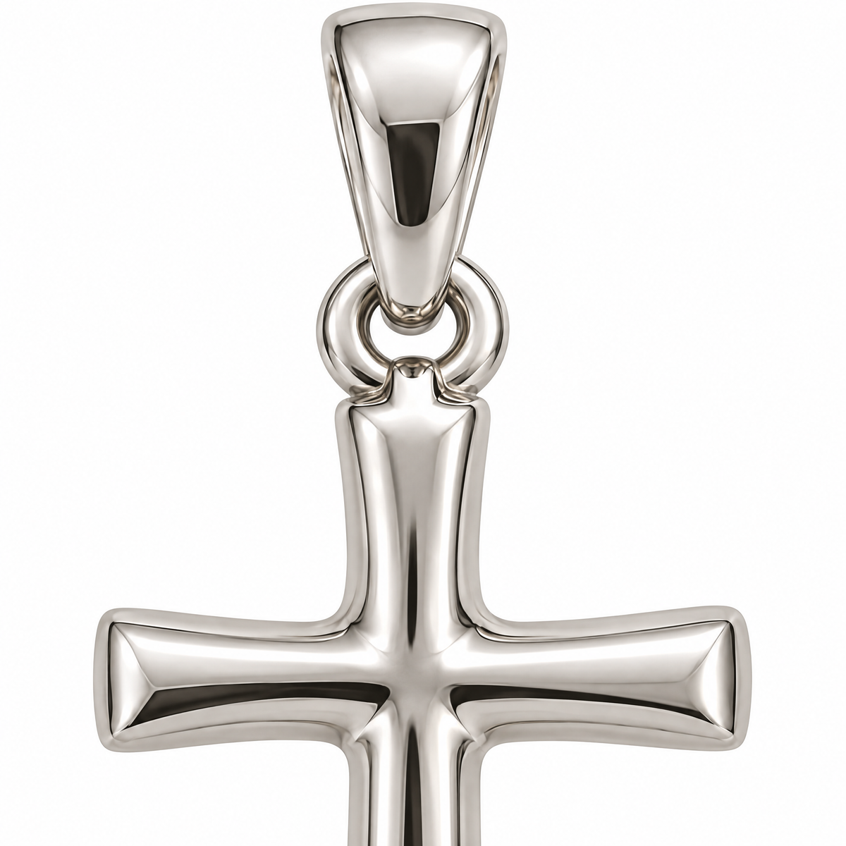 Mini Cross Sterling Silver Pendant — macro view of cross arms and bail; AI-generated design rendering; pendant only