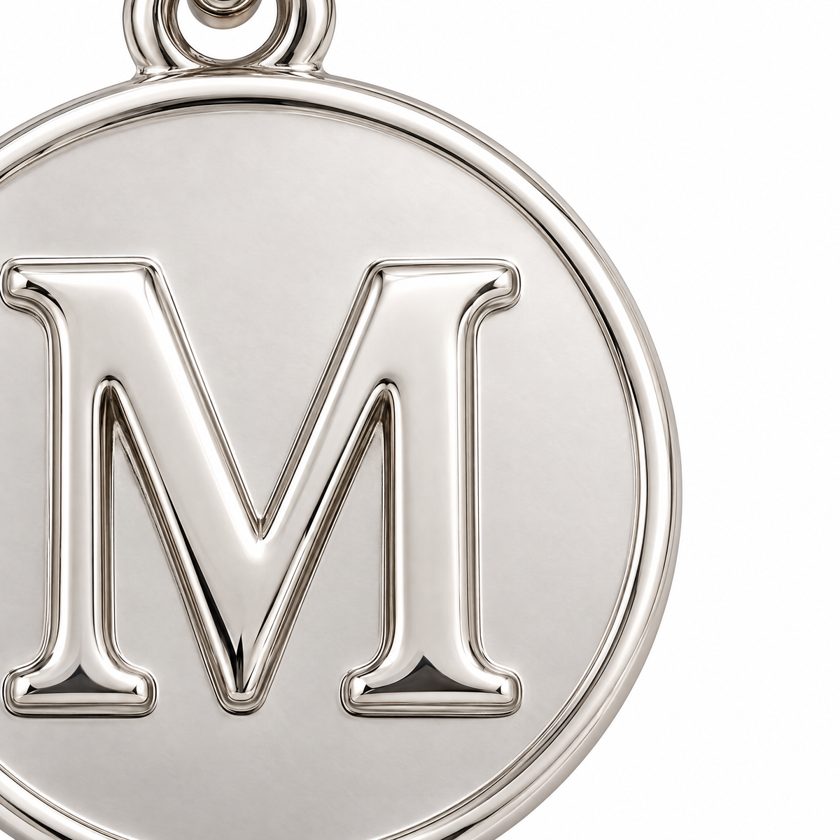 Initial M Sterling Silver Medallion — letter and rim macro detail; AI-generated design rendering