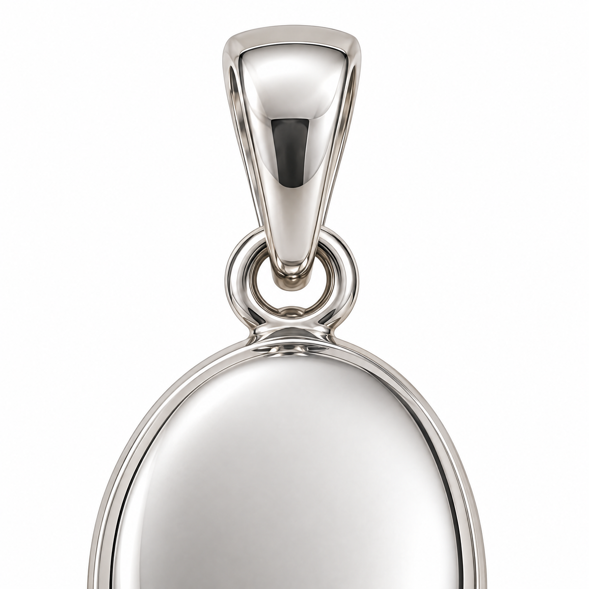 Mini Oval Locket-Style Sterling Silver Pendant — oval contour and bail macro detail; AI-generated design rendering