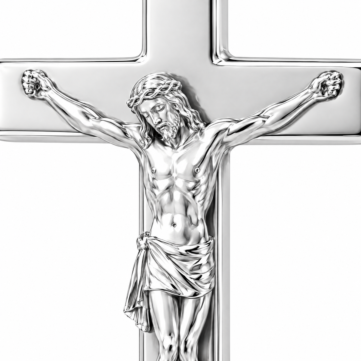 Crucifix Sterling Silver Pendant — central relief macro detail; AI-generated design rendering