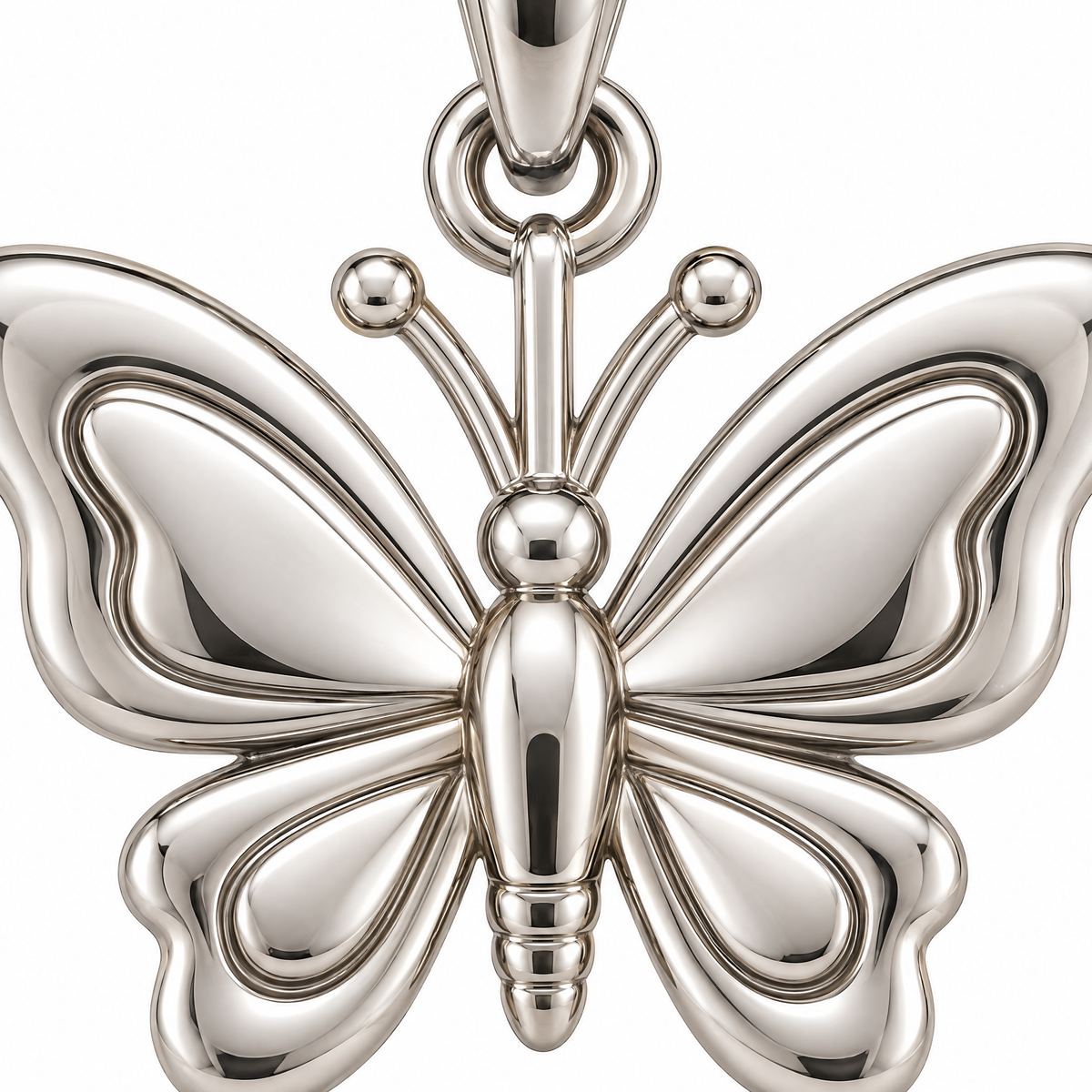 Mini Butterfly Sterling Silver Pendant — wing and body macro detail; AI-generated design rendering