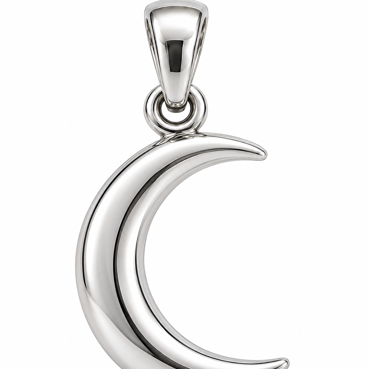 Mini Crescent Moon Sterling Silver Pendant — crescent curve macro detail; AI-generated design rendering