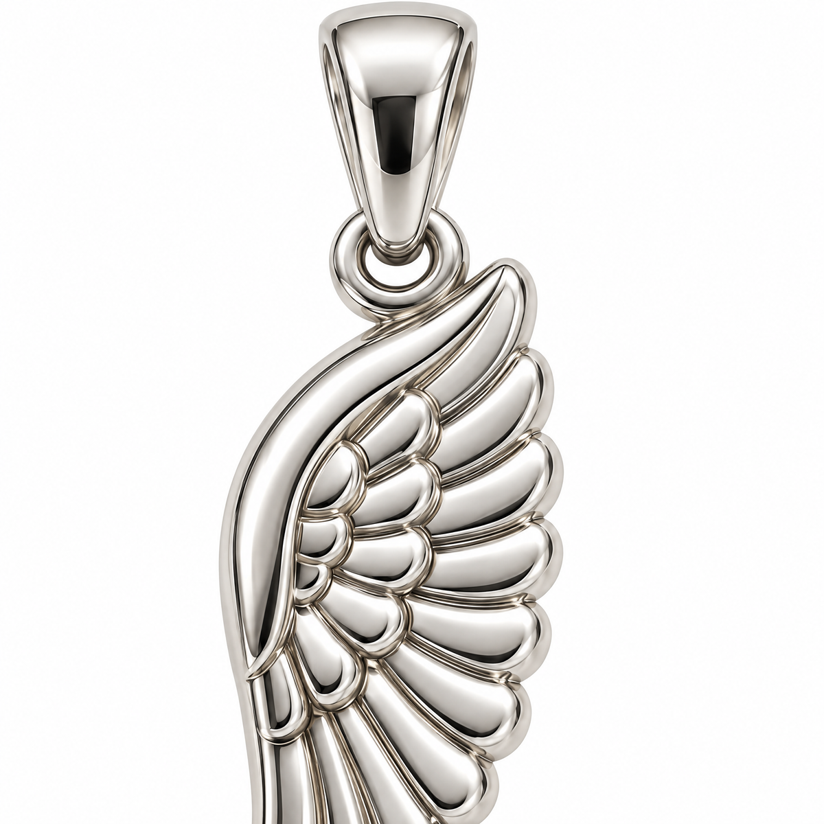 Mini Angel Wing Sterling Silver Pendant — feather relief macro detail; AI-generated design rendering