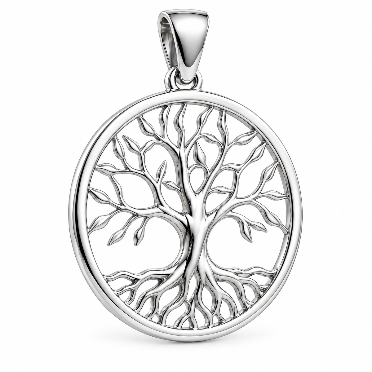 Tree of Life silver pendant — full studio view; AI-generated design rendering