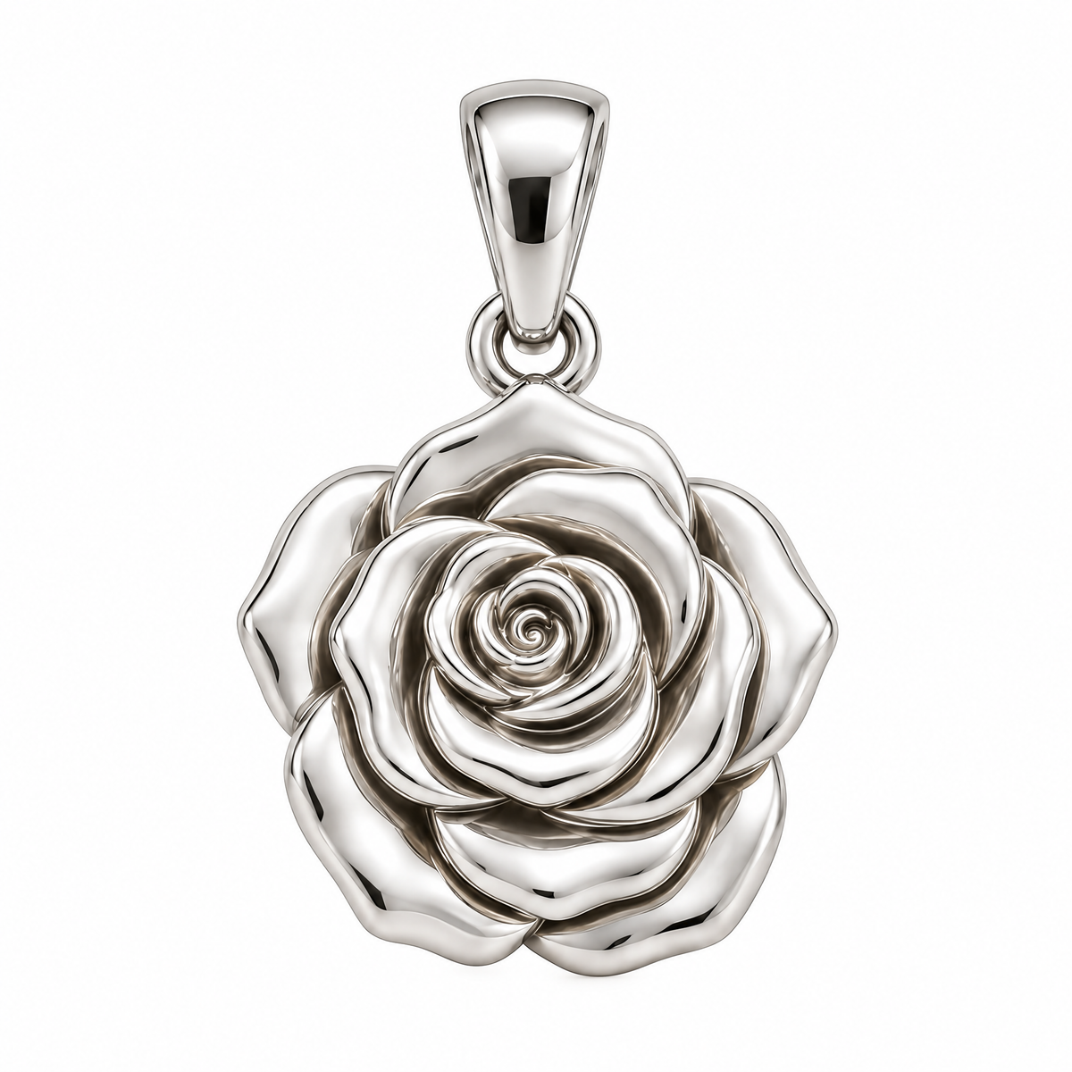 Rose flower silver pendant — full studio view; AI-generated design rendering