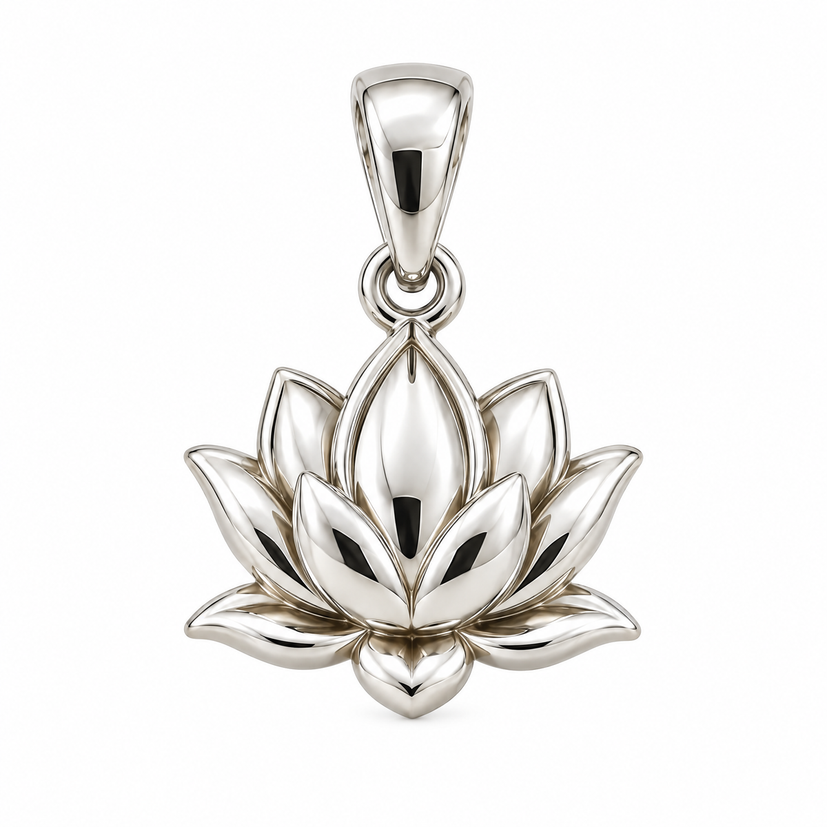 Lotus silver pendant — full studio view; AI-generated design rendering
