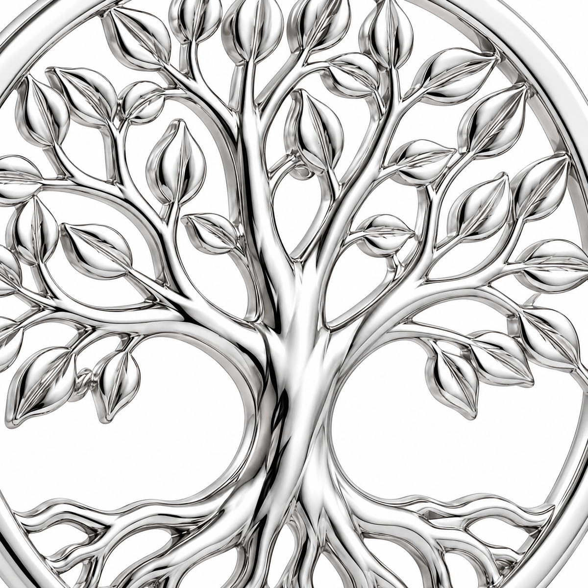 Tree of Life silver pendant — branching detail; AI-generated design rendering
