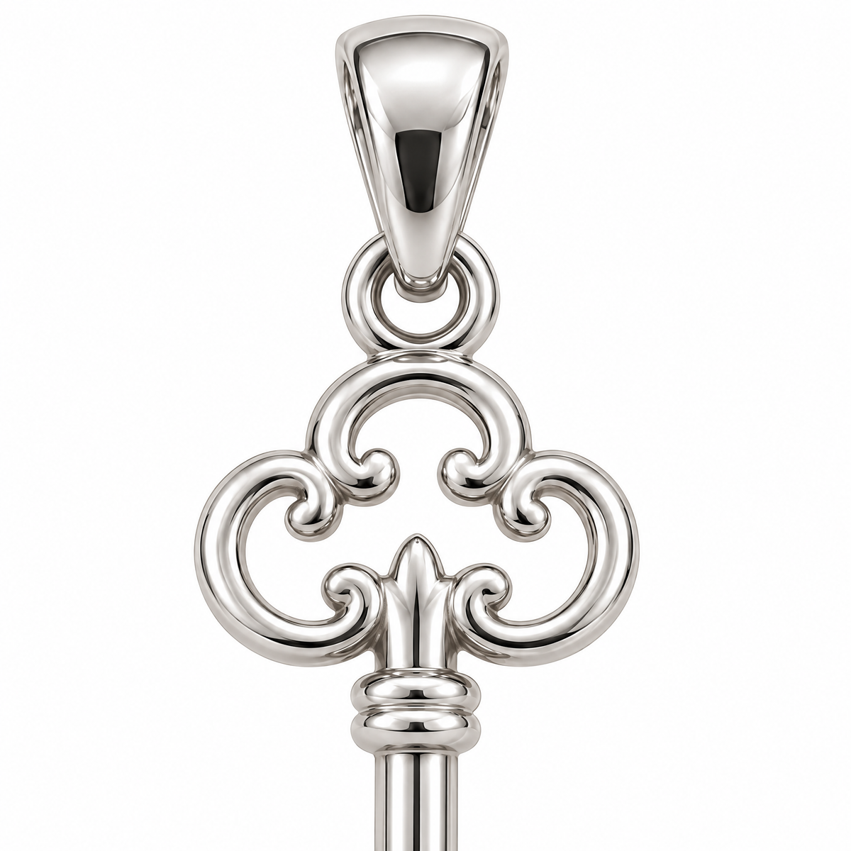 Key silver pendant — upper detail; AI-generated design rendering