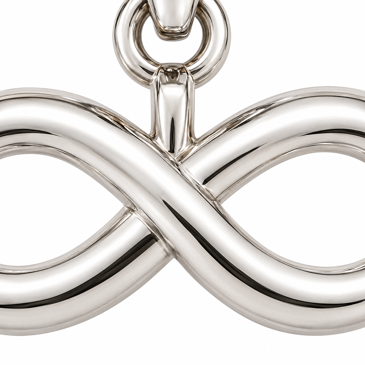 Infinity silver pendant — loop detail; AI-generated design rendering