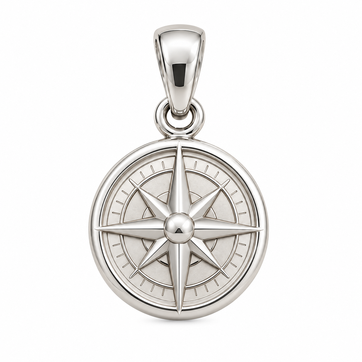 Compass silver pendant — full studio view; AI-generated design rendering