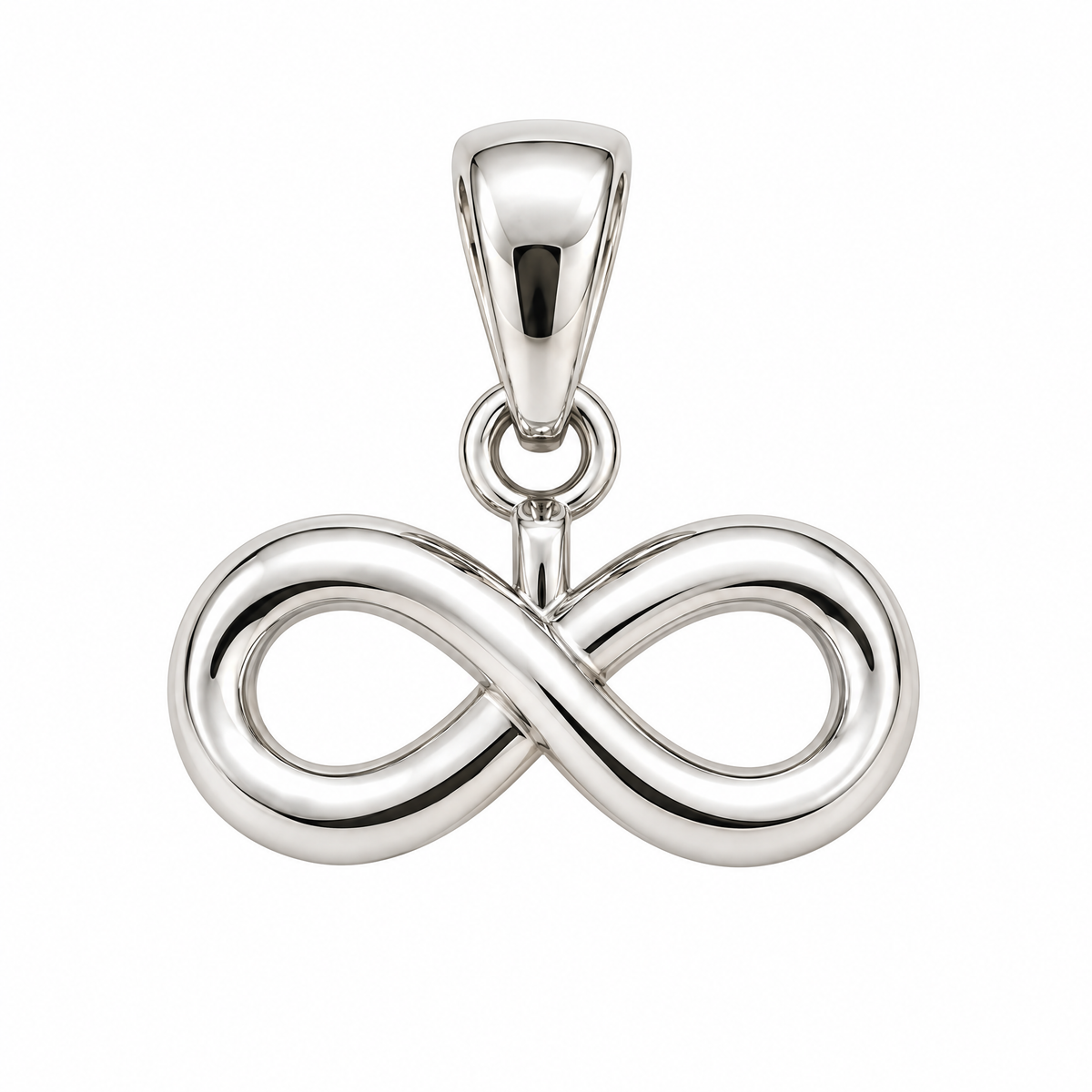 Infinity silver pendant — full studio view; AI-generated design rendering