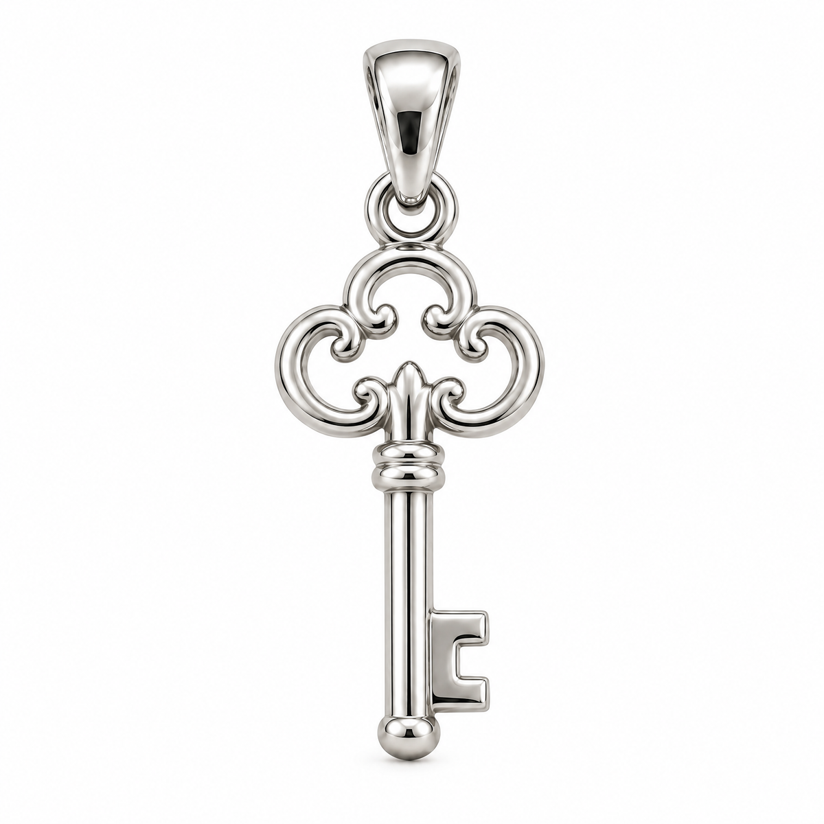 Key silver pendant — full studio view; AI-generated design rendering