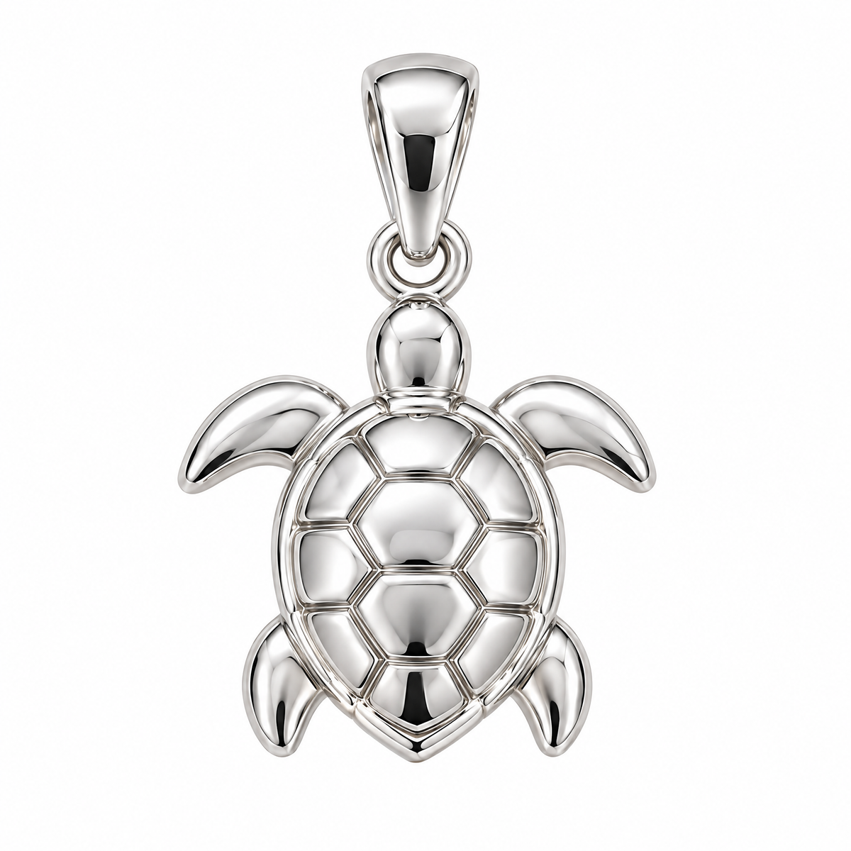 Turtle silver pendant — full studio view; AI-generated design rendering
