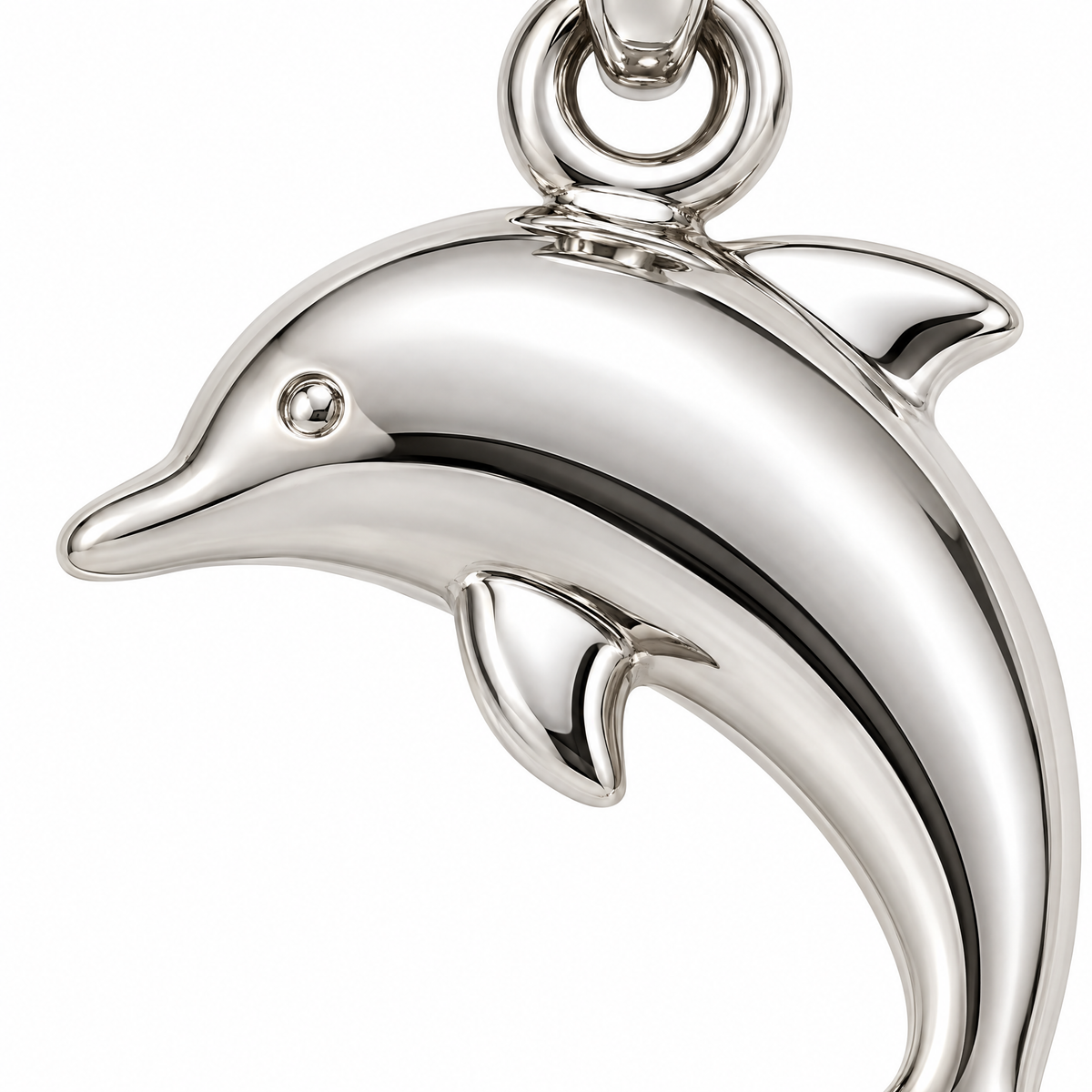 Dolphin silver pendant — head and body detail; AI-generated design rendering