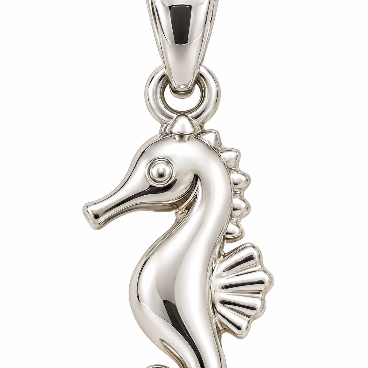 Seahorse silver pendant — head and upper detail; AI-generated design rendering