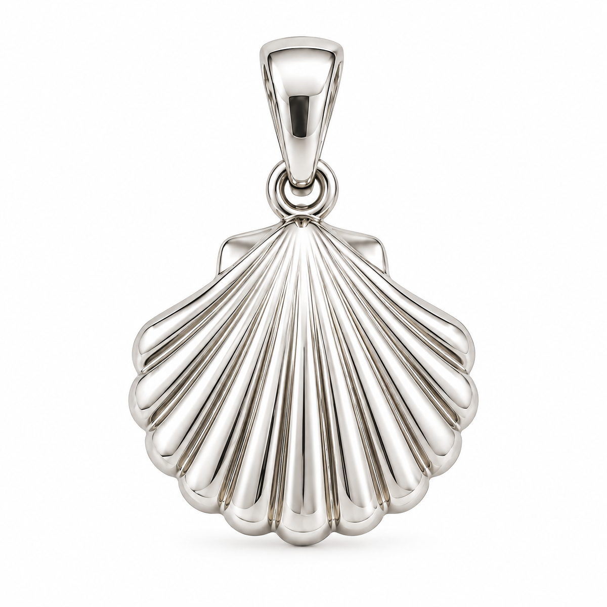 Seashell silver pendant — full studio view; AI-generated design rendering
