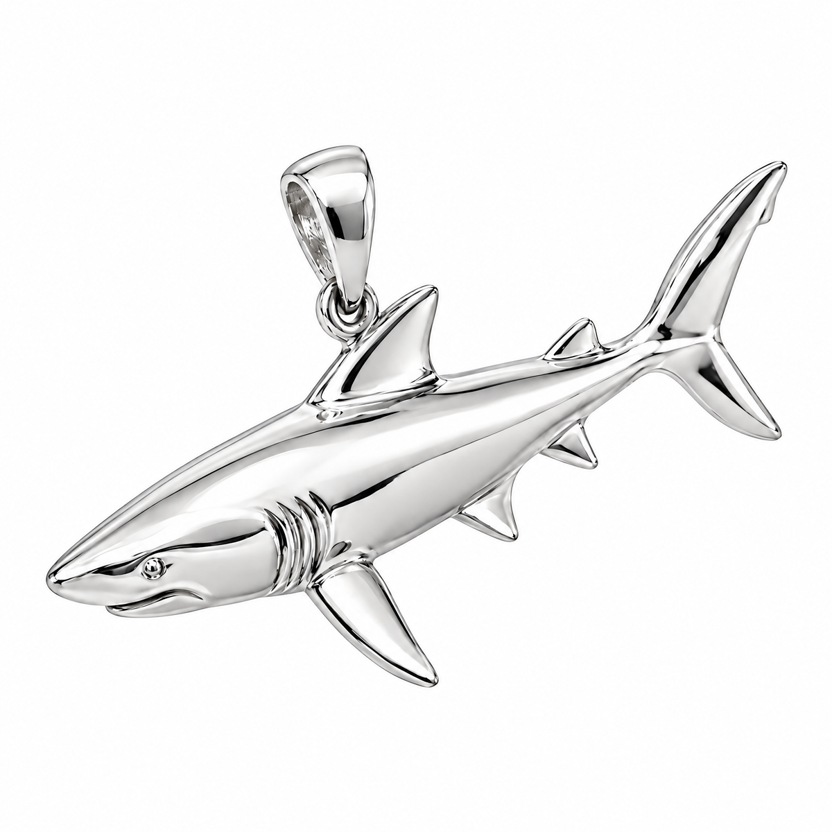 Shark silver pendant — full studio view; AI-generated design rendering