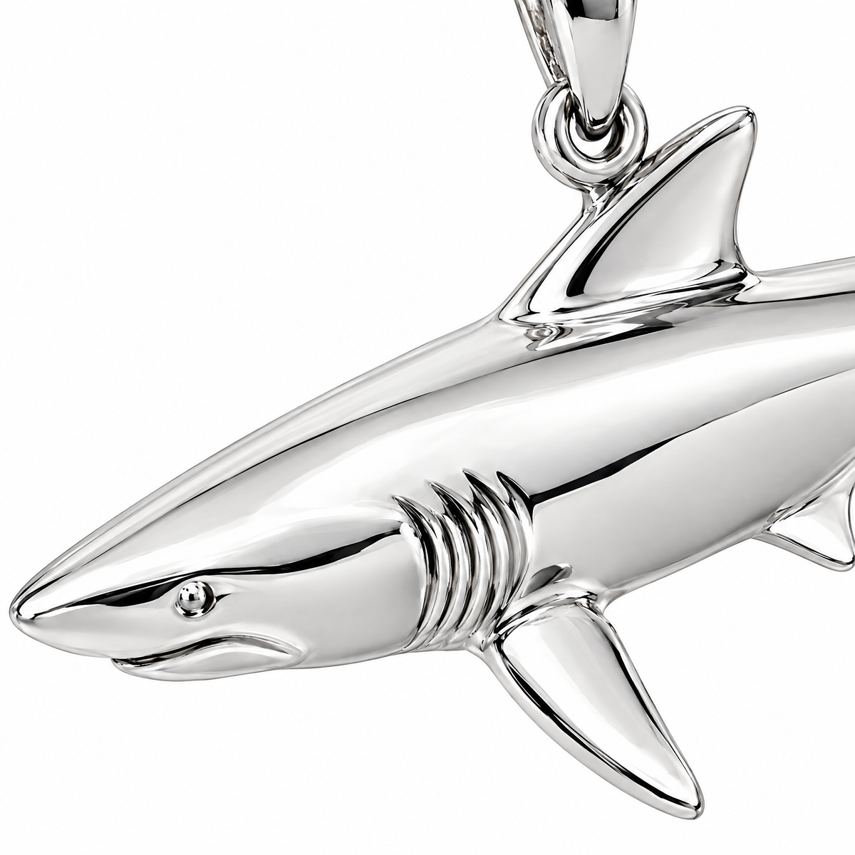 Shark silver pendant — head and fin detail; AI-generated design rendering