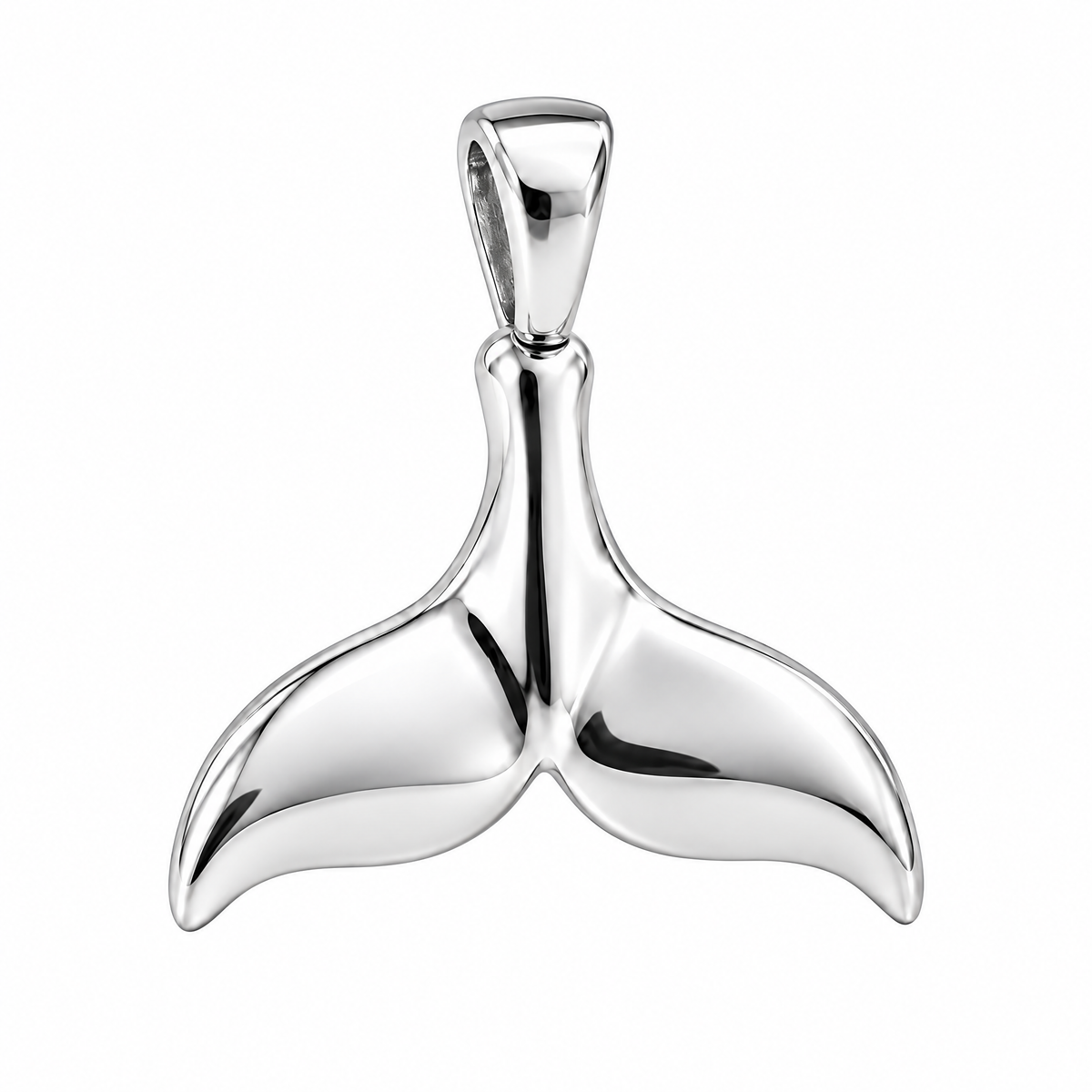 Whale tail silver pendant — full studio view; AI-generated design rendering