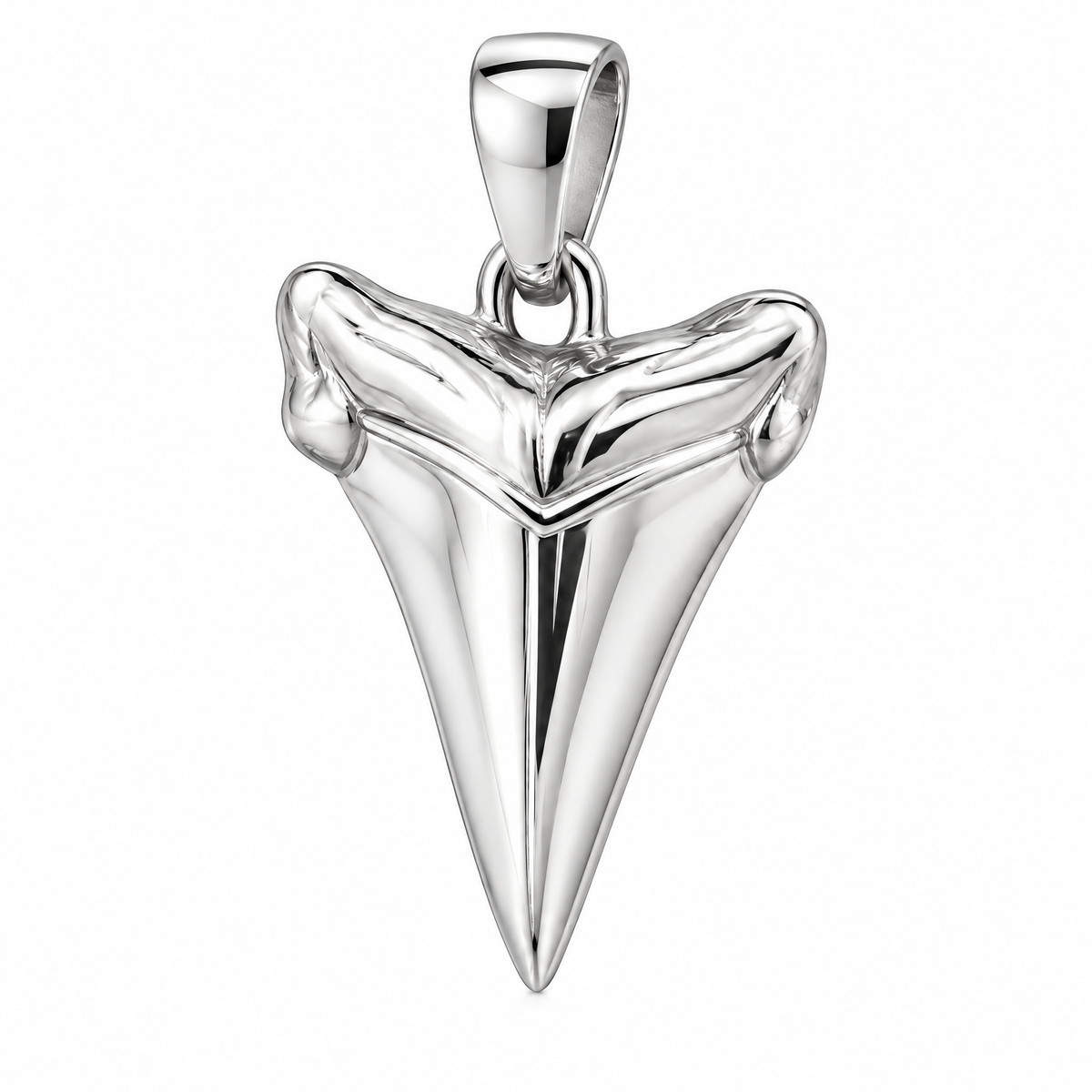 All-metal shark tooth silver pendant — full studio view; AI-generated design rendering