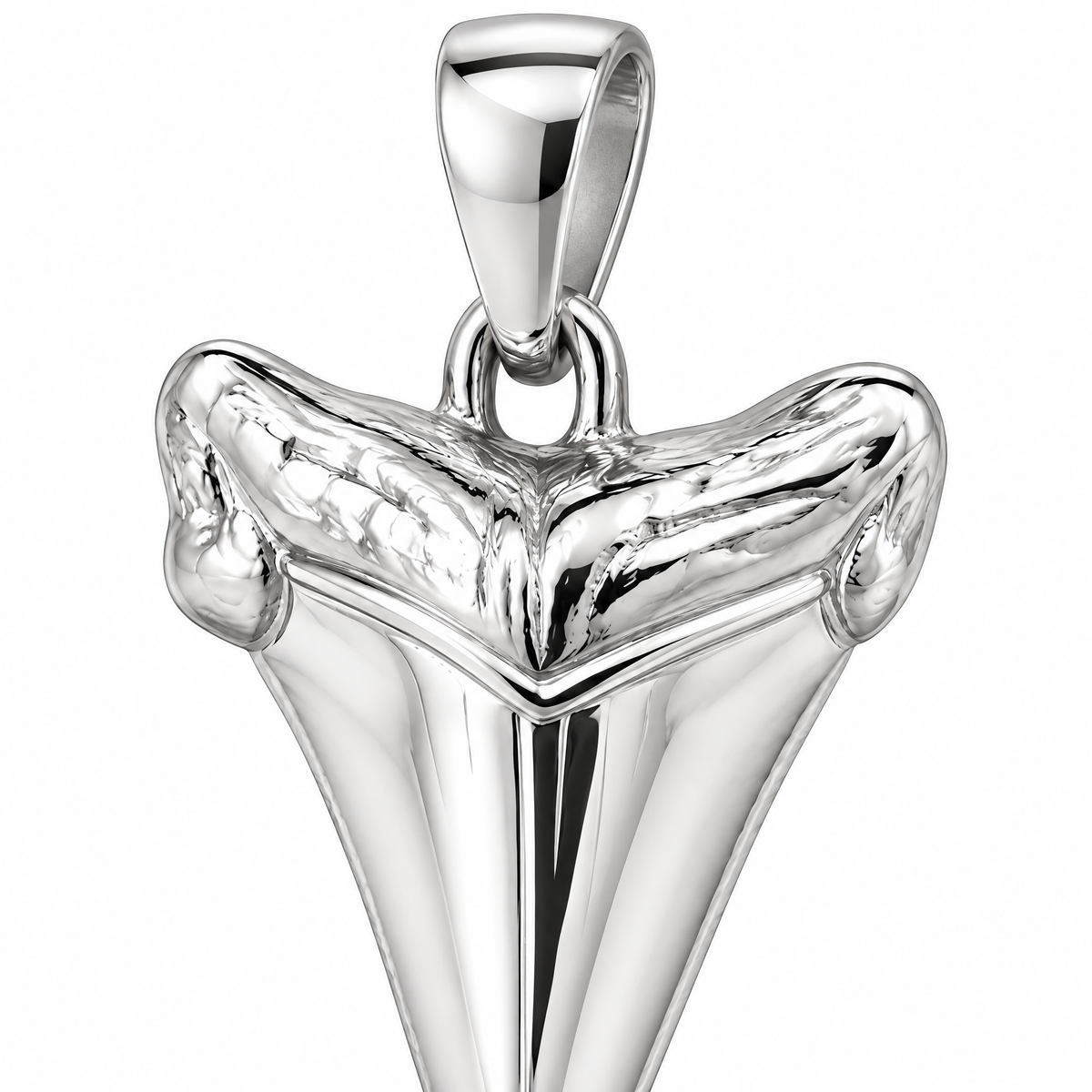 All-metal shark tooth silver pendant — upper detail; AI-generated design rendering