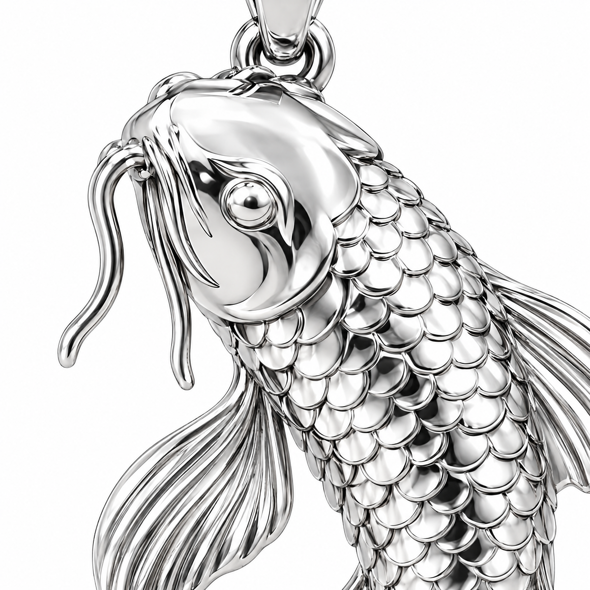 Koi fish silver pendant — head and scale detail; AI-generated design rendering