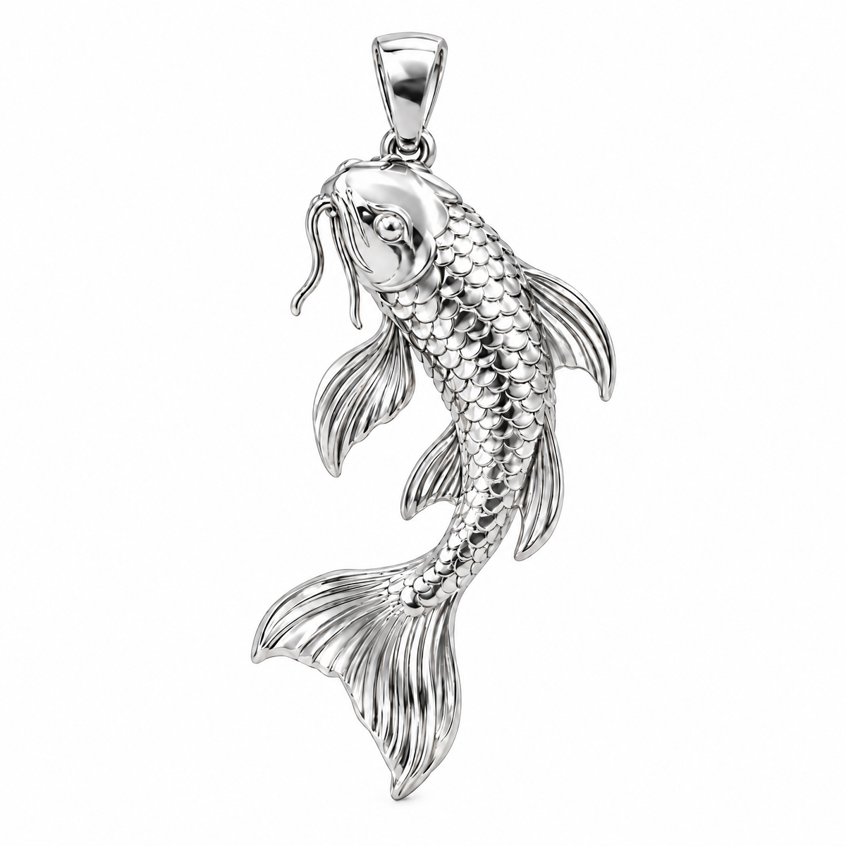 Koi fish silver pendant — full studio view; AI-generated design rendering