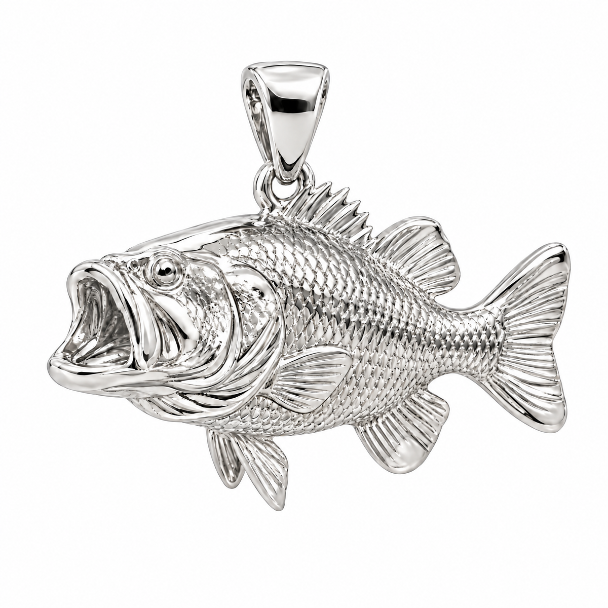 Bass fish silver pendant — full studio view; AI-generated design rendering