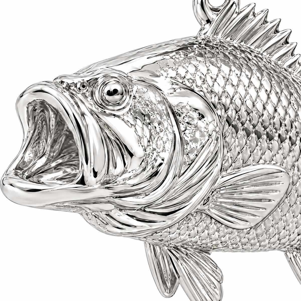 Bass fish silver pendant — head and fin detail; AI-generated design rendering