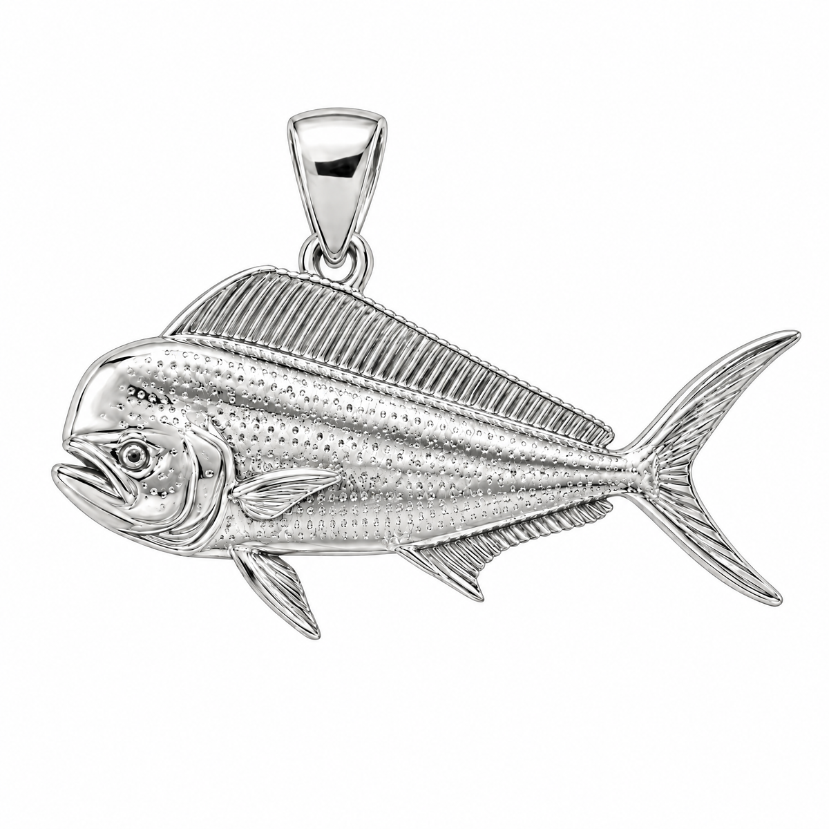 Mahi-mahi silver pendant — full studio view; AI-generated design rendering