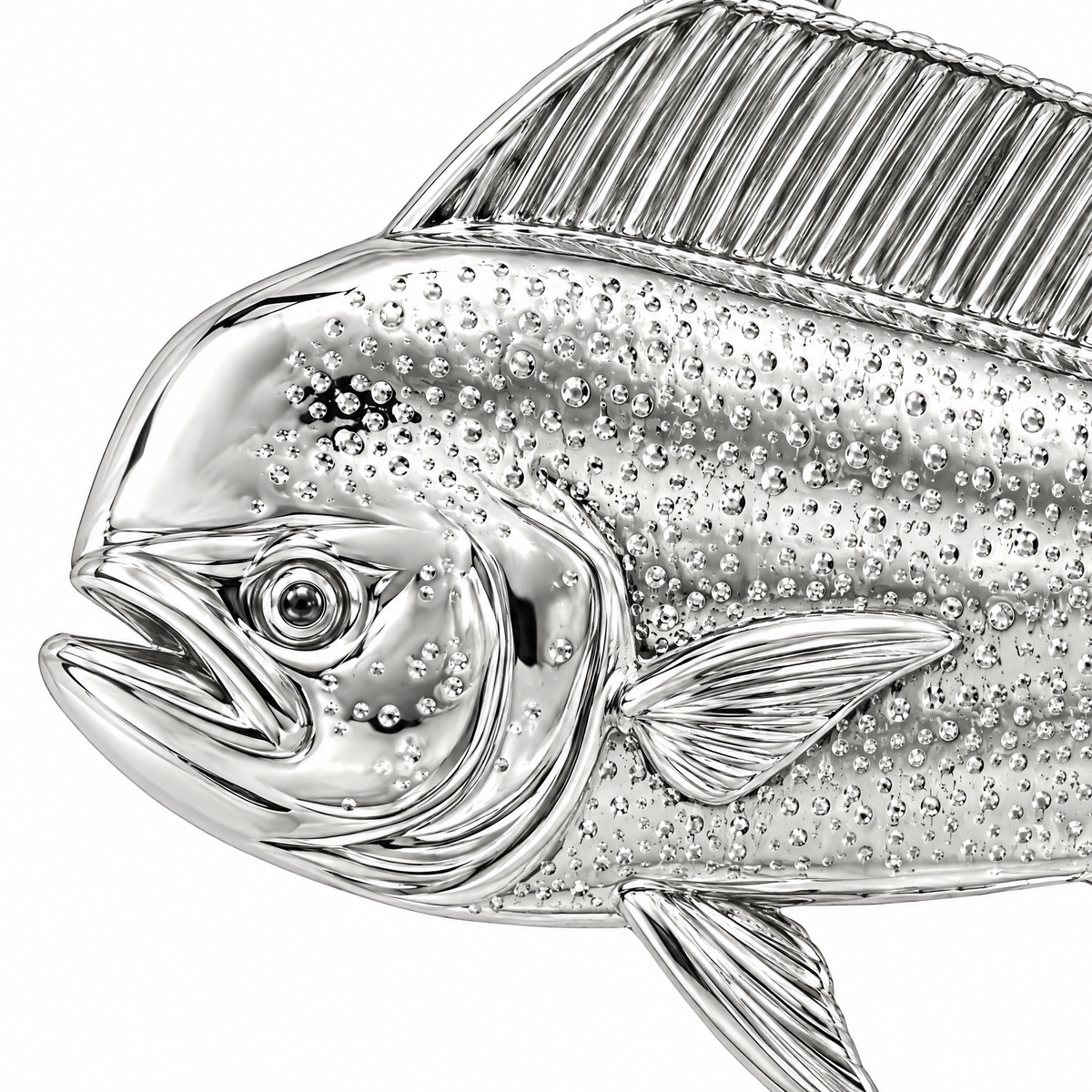 Mahi-mahi silver pendant — head and body detail; AI-generated design rendering