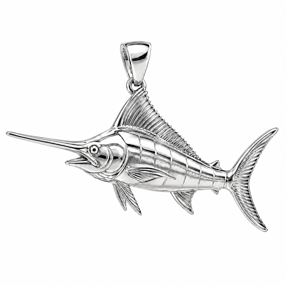 Marlin silver pendant — full studio view; AI-generated design rendering