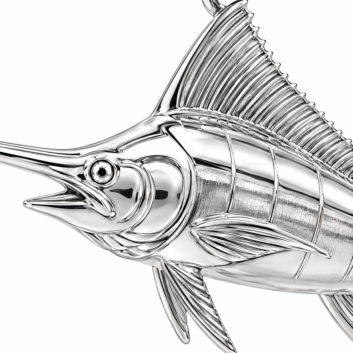 Marlin silver pendant — head and dorsal detail; AI-generated design rendering