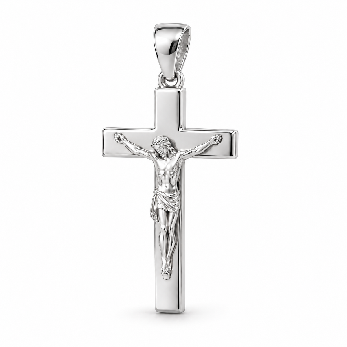 Crucifix Mini pendant — white gold finish; AI-generated design rendering