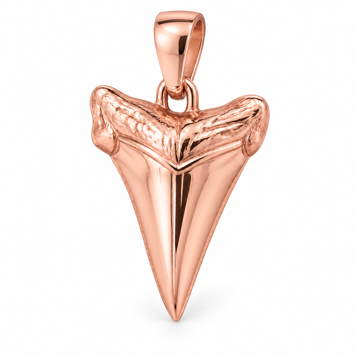 All-metal shark tooth Mini pendant — rose gold finish; AI-generated design rendering