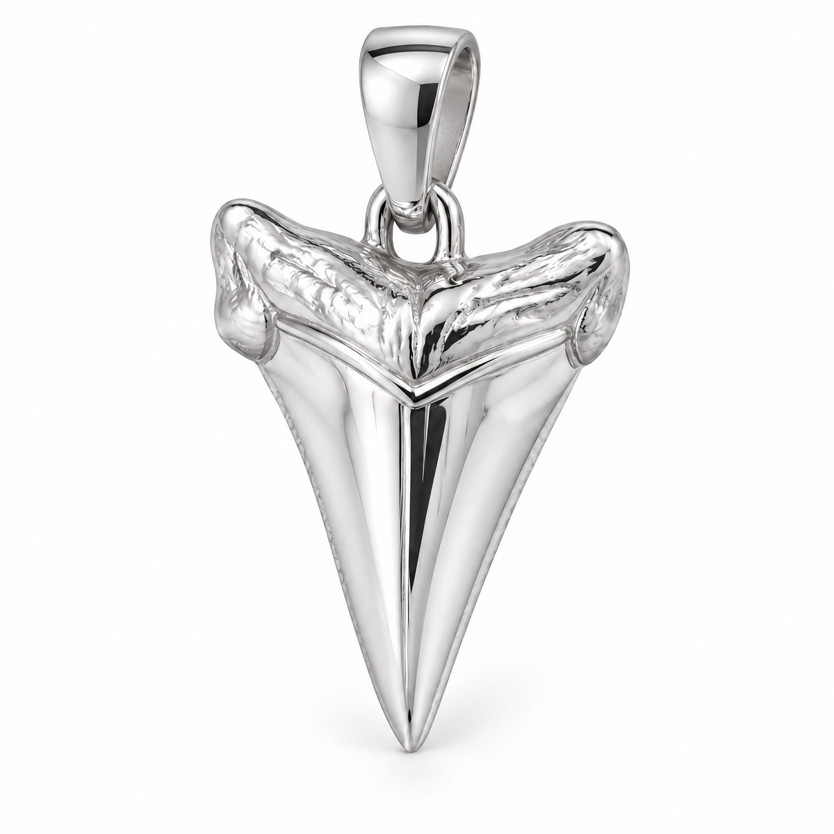 All-metal shark tooth Mini pendant — white gold finish; AI-generated design rendering