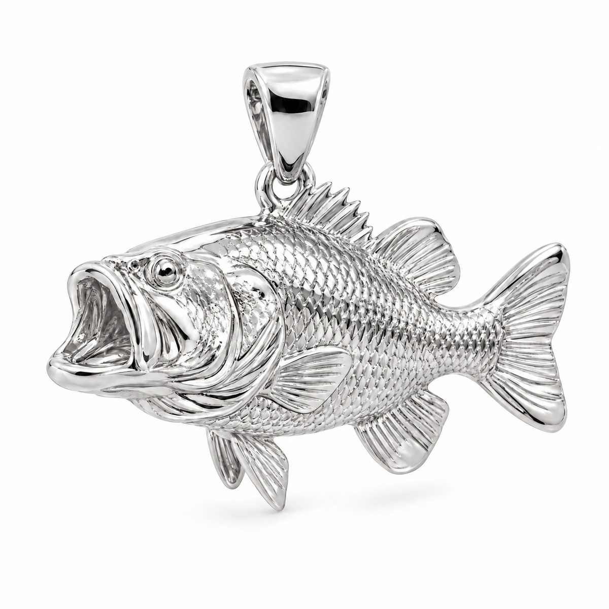 Bass fish Mini pendant — white gold finish; AI-generated design rendering