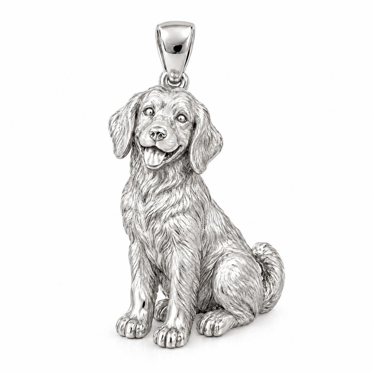 Sitting dog Mini pendant — white gold finish; AI-generated design rendering