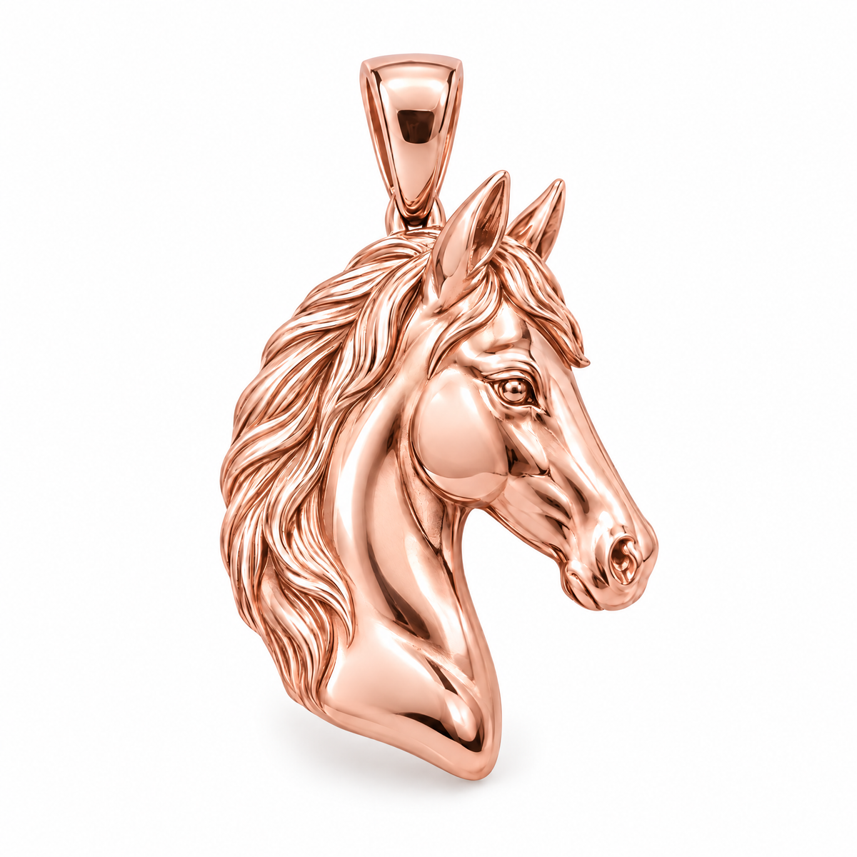 Horse head pendant — rose gold finish; AI-generated design rendering