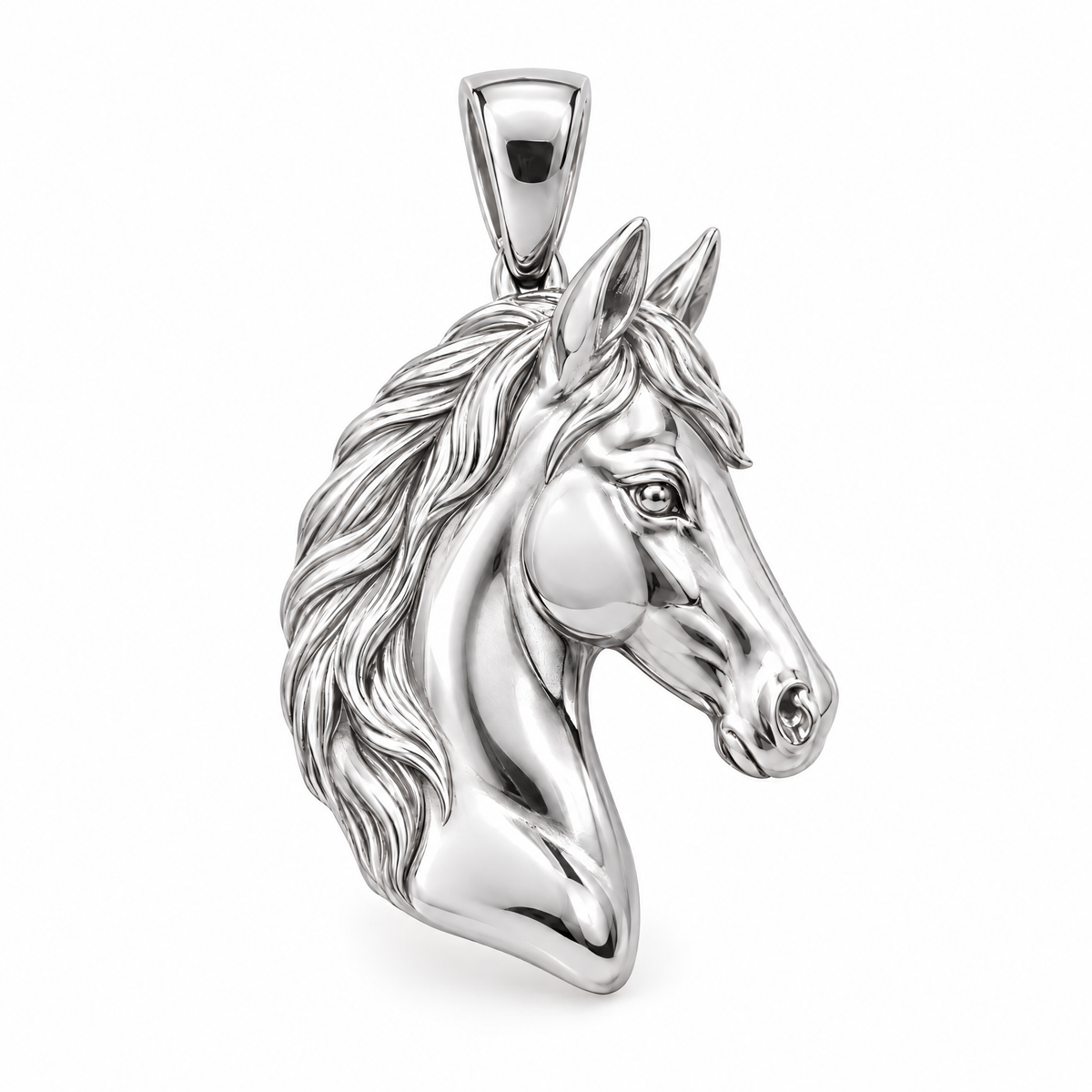Horse head pendant — white gold finish; AI-generated design rendering