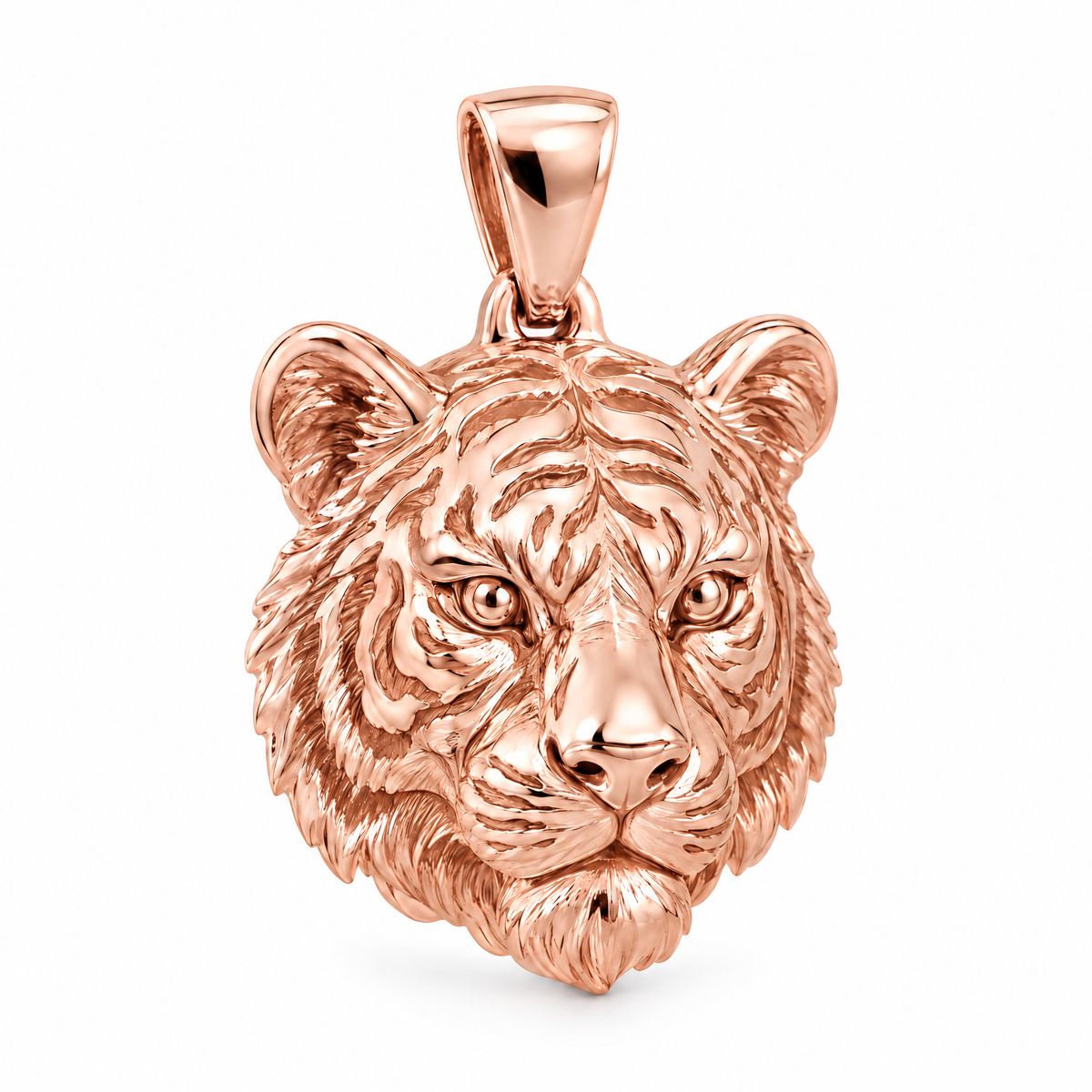 Tiger head Mini pendant — rose gold finish; AI-generated design rendering