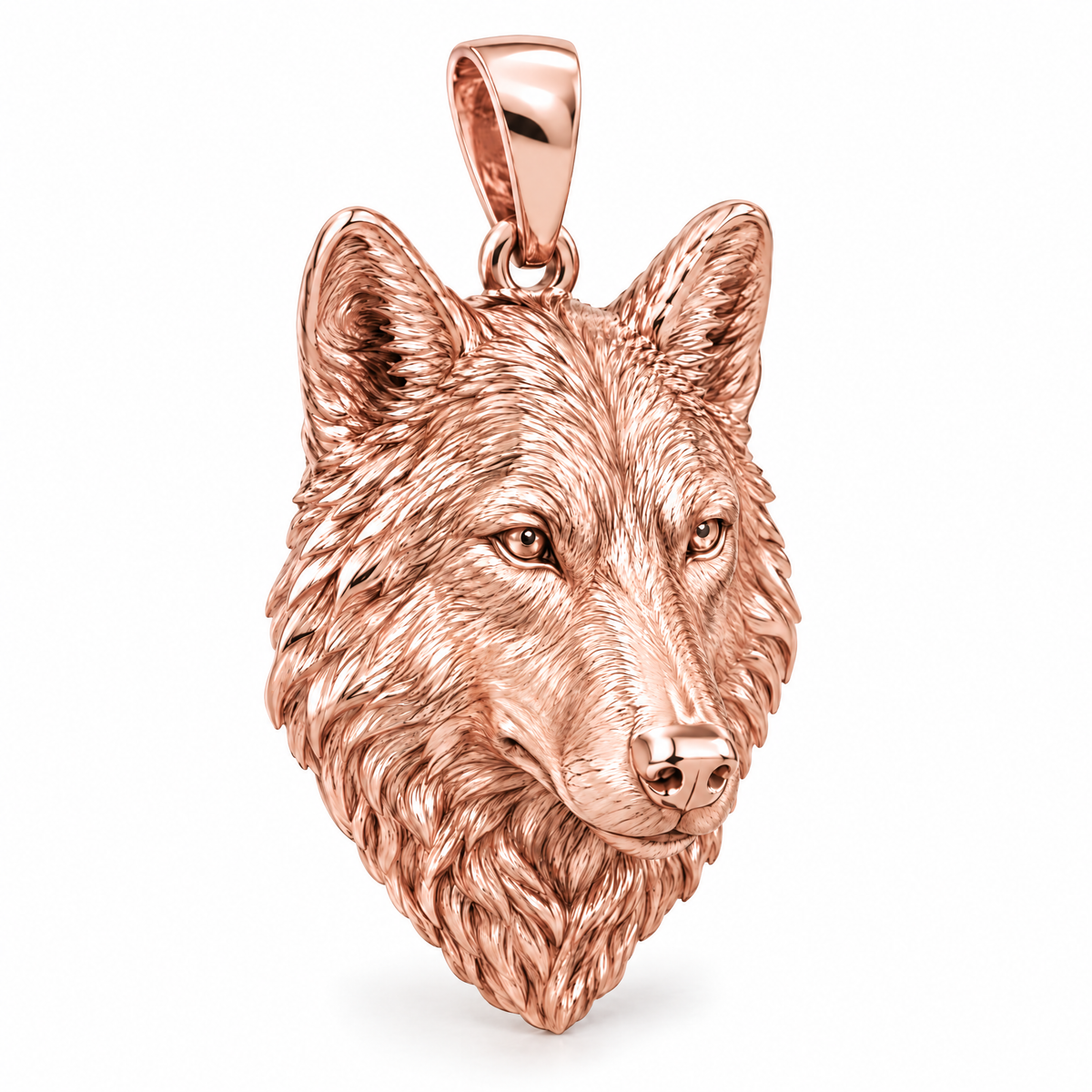 Wolf head Mini pendant — rose gold finish; AI-generated design rendering