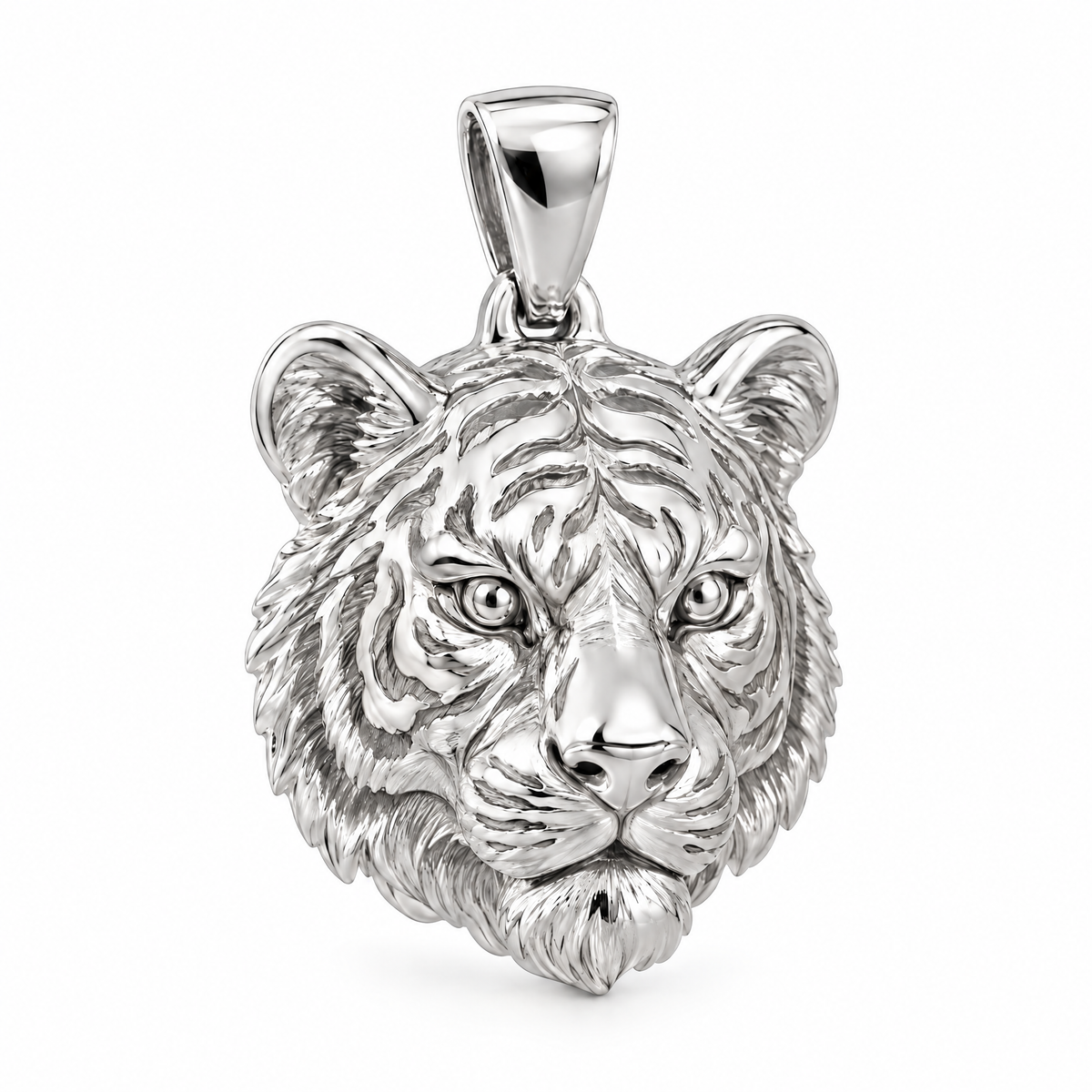 Tiger head Mini pendant — white gold finish; AI-generated design rendering