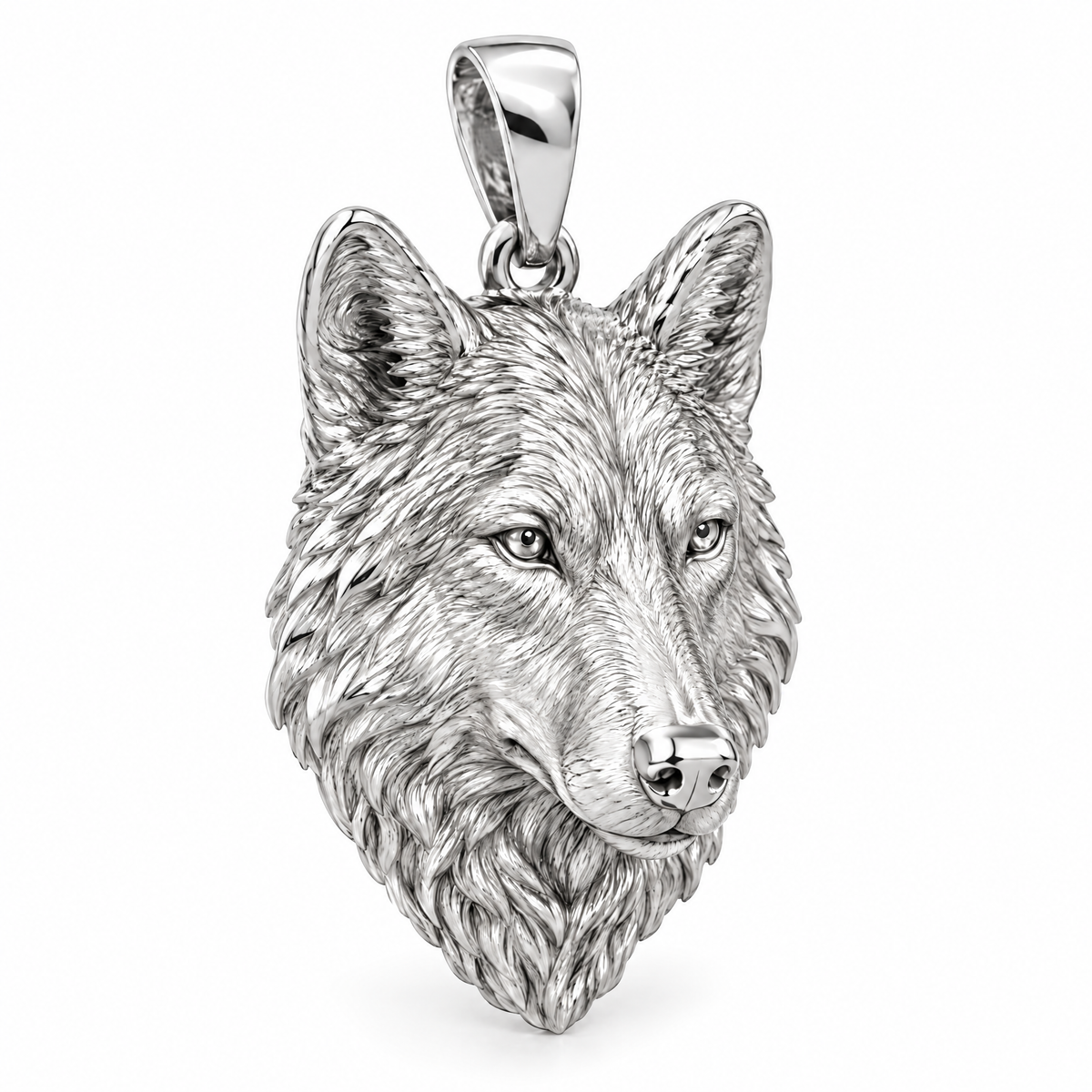 Wolf head Mini pendant — white gold finish; AI-generated design rendering