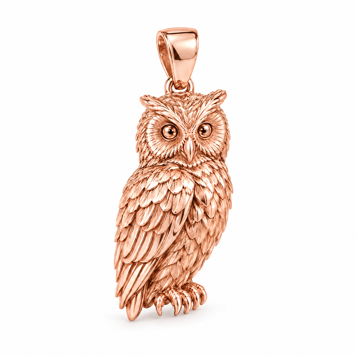 Owl pendant — rose gold finish; AI-generated design rendering